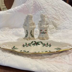 Holiday Lenox Trio- Festive Ceramic Tray with Santa and Mrs. Claus Figurines
